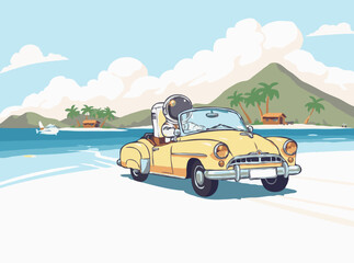 Fototapeta premium Vintage Car Cruise for Astronaut on Exotic Island Vector Art