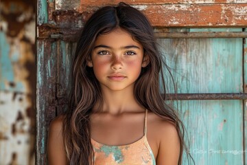 Naklejka premium Young girl stands confidently in front of an old weathered wall with vibrant colors in a rustic setting, captured in bright daylight