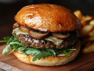 Juicy Beef Burger With Mushrooms and Greens Served With Crispy Fries on a Rustic Wooden Board