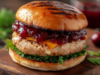 Juicy Grilled Turkey Burger Topped With Cheese and Cranberry Sauce on a Toasted Bun Served With Fresh Herbs