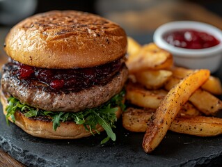 Delicious Gourmet Burger Served With Crispy Fries and Tangy Ketchup in a Rustic Setting
