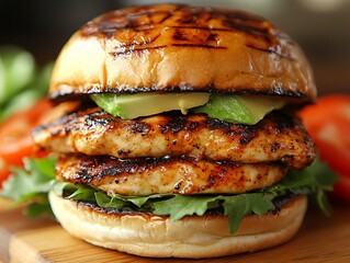 Delicious Stacked Grilled Chicken Burger With Fresh Toppings, Served on a Toasted Bun for a Satisfying Dining Experience