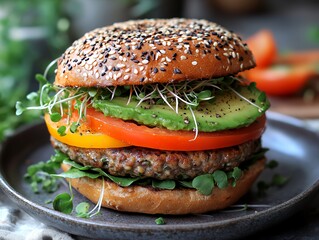 Delicious Veggie Burger Stacked With Fresh Vegetables and Sprouts Served on a Sesame-Seed Bun
