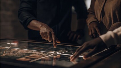 A closeup of a holographic interface showing interactive maps of renewable energy installations with users zooming in and out with hand motions to analyze data points.