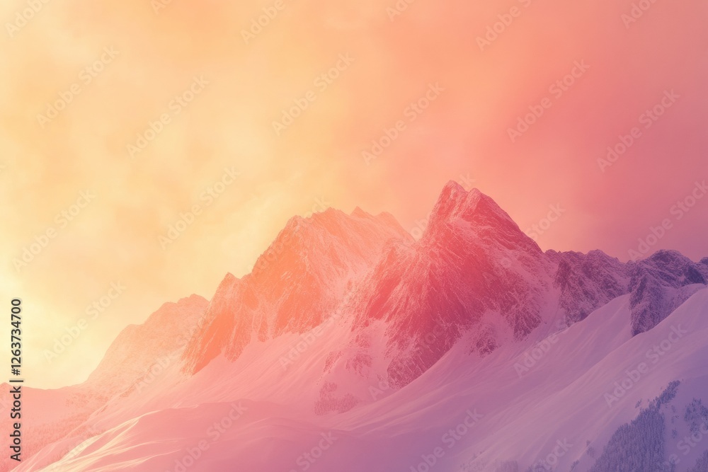 Poster colorful sunset over majestic snow capped mountains with soft clouds in the sky creating a serene at