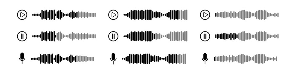 Podcast sound waves and audio soundwave of voice message records  and mobile phone voice message sound waves vector icons