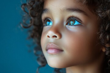 Fototapeta premium Child with curly hair gazes thoughtfully against a blue background in a peaceful moment of reflection