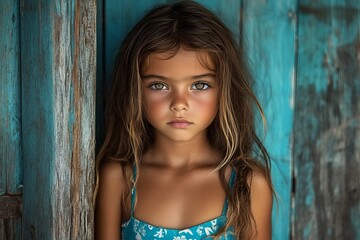 Fototapeta premium Young girl with expressive eyes stands by weathered turquoise door in soft light