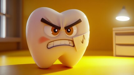 A forlorn cartoon tooth with a band-aid on its enamel is depicted on a yellow background, representing toothache and dental hygiene