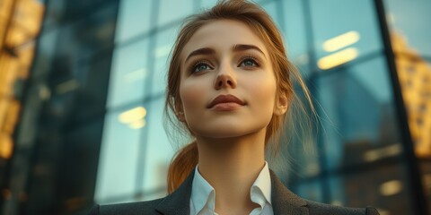 Confident businesswoman standing outside modern office building during golden hour, showcasing determination and professionalism