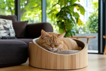 A serene image of a sleeping cat in a stylish wooden bed, showcasing tranquility and comfort in a bright, modern living space filled with greenery.