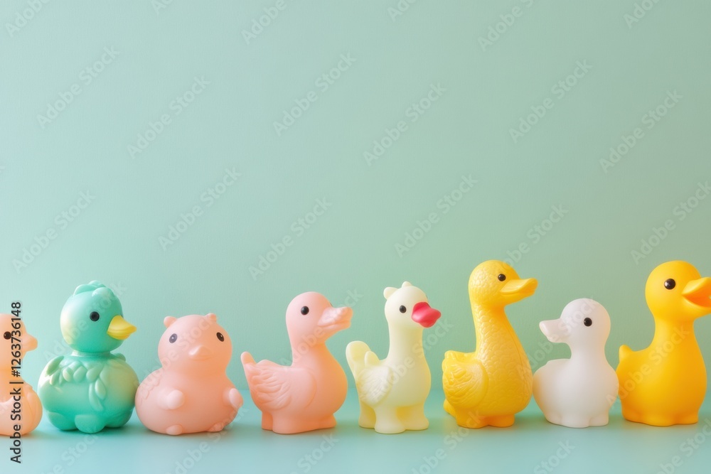 Poster Colorful rubber ducks lined up against a pastel background showcasing different shapes and sizes in a playful arrangement. Generative AI