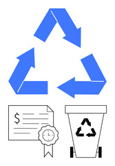 Blue recycling arrows forming a triangle, a certificate with a clock seal, and a recycling bin illustrate sustainability. Ideal for eco-conscious initiatives, education, waste management