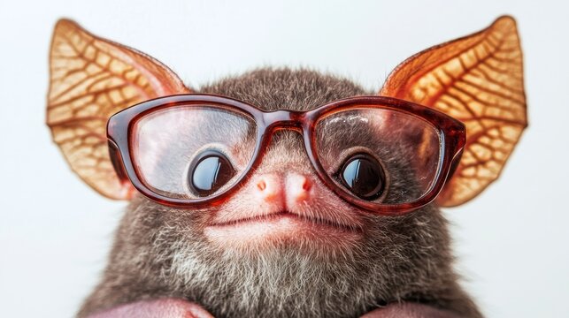 Cheeky bat donning large round glasses, displaying a playful smile. Presented on a gentle background with extra room, perfect for amusing and original promotional content