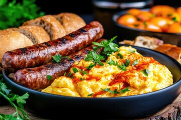 Fototapeta premium Delicious grilled sausages with creamy scrambled eggs and fresh bread