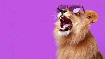 The lion, crowned with a mane and featuring purple sunglasses, thunders its roar in front of a purple setting
