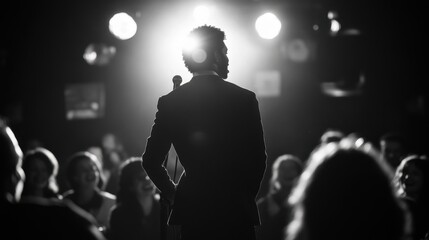 Businessman in a suit delivering an engaging talk at a business conference, captured from the back view in a striking black and white image, emphasizing the atmosphere of the event