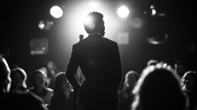 Businessman in a suit delivering an engaging talk at a business conference, captured from the back view in a striking black and white image, emphasizing the atmosphere of the event