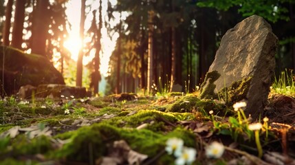 Obraz premium Sunlit forest path with moss-covered rock and wildflowers at sunrise
