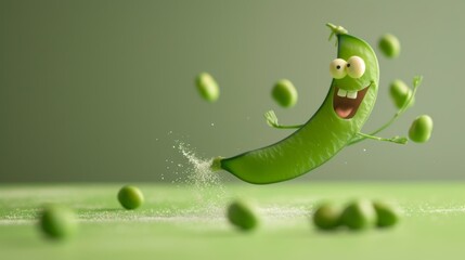 A lively, anthropomorphic pea pod jumping with joy, surrounded by floating peas and sparkles. The bright green theme and cheerful expression create a fun and whimsical mood. AI-generated.
