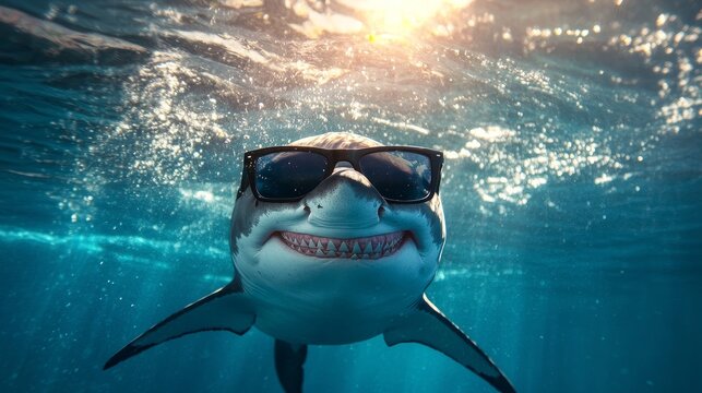 A shark equipped with sunglasses and sharp teeth is found in the ocean waters
