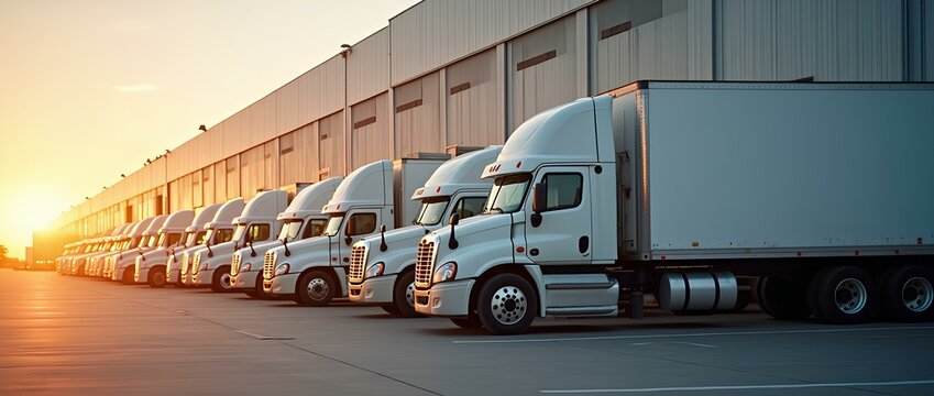 "Transport Trucks at Factory Warehouse" - A factory warehouse with transport trucks parked outside. Commercial logistics of supply chain shipping, transportation industrial building of container 