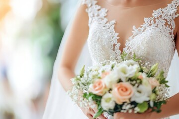 Naklejka premium Elegant lace details on a white wedding dress paired with a soft floral bouquet for a romantic bridal look. Generative AI