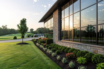 A modern commercial building with large glass windows surrounded by well-manicured landscaping.