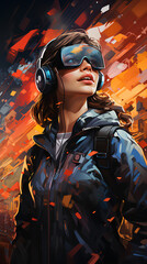 Young Woman in Virtual Reality with Futuristic Glasses and Headphones
