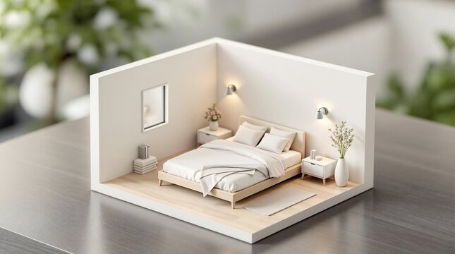 minimalistic bedroom interior diorama architectural model japandi isometric room tilt shift 