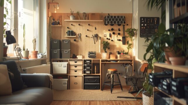 Cozy home workshop with tools and plants for creative repair and diy projects