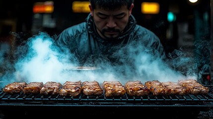 Street food vendor grilling meat, smoky night market