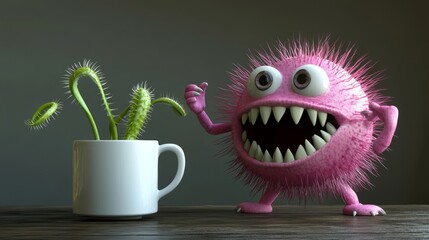 A playful, 3D animated flower character with sharp teeth, holding a teacup in a whimsical and surreal setting. Perfect for fantasy or humorous content