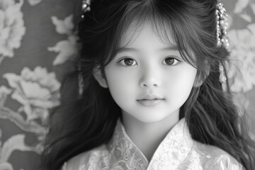 Fototapeta premium Young girl in traditional clothing showcases timeless beauty and elegance in black and white portrait