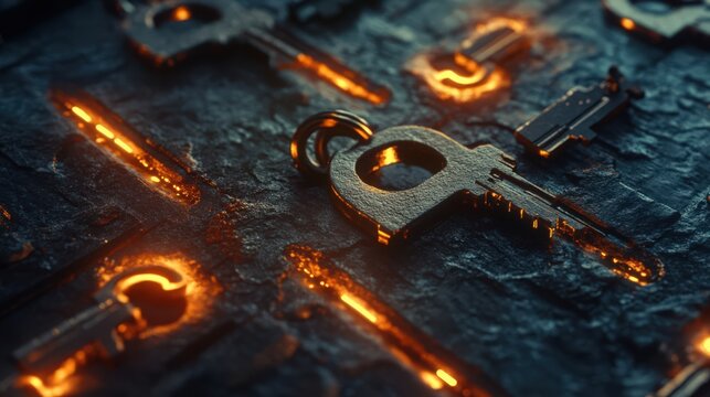 Abstract Key Collection with Glowing Edges on Dark Textured Surface