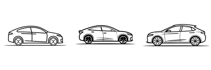 Fototapeta premium Simple black and white line art showing different car body types including sedan, coupe and hatchback on a transparent background