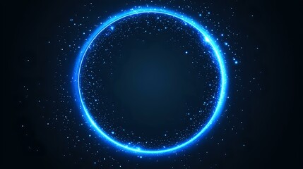 Glowing blue neon circle ring with sparkle effects and light particles on dark background, cosmic energy portal design element for creative projects.