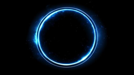Glowing blue neon circle ring with light effects and particles on black background, abstract futuristic design element for modern digital projects.