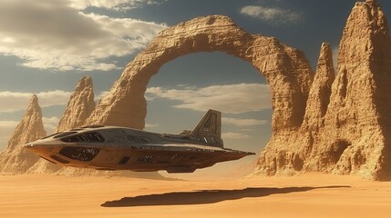 Futuristic spacecraft exploration in a desert landscape 3d render sci-fi environment aerial view