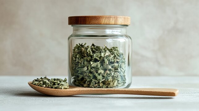 A glass jar filled with dried Leonurus cardiaca herb, accompanied by a wooden spoon with some loose herb on a light surface