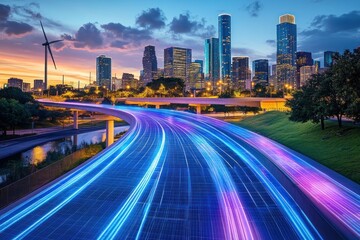 Fototapeta premium Futuristic Cityscape: A Vibrant Highway of Innovation at Sunset