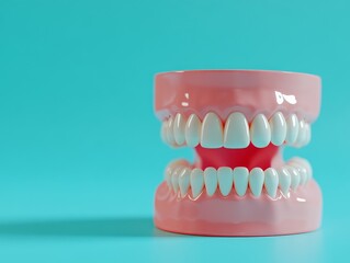 Obraz premium A humorous concept depicted in a studio photograph of a dental model with playful artificial teeth and a vibrant, close-up background