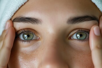 Naklejka premium This intimate close-up features a stunning portrait highlighting the crisp, green eyes and facial expressions of a person, emphasizing raw beauty and genuine emotion.