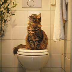 Fluffy Cat Sitting on Toilet