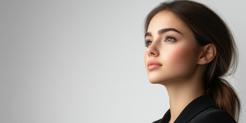 Young woman with elegant hairstyle poses against neutral background during indoor photoshoot in soft lighting