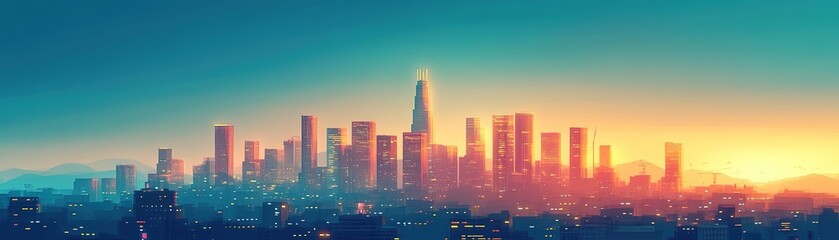 Fototapeta premium Sunrise skyline view urban city digital art futuristic environment panoramic perspective vibrant concept