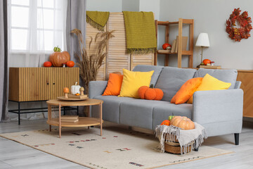 Living room interior with grey sofa, shelving unit and wicker basket of different pumpkins