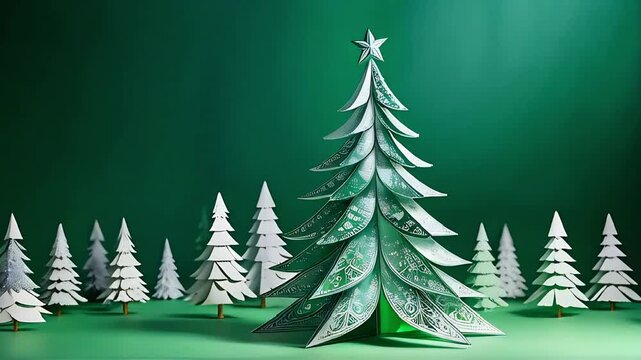 Glowing golden christmas tree appearing on red background. High quality 4k footage