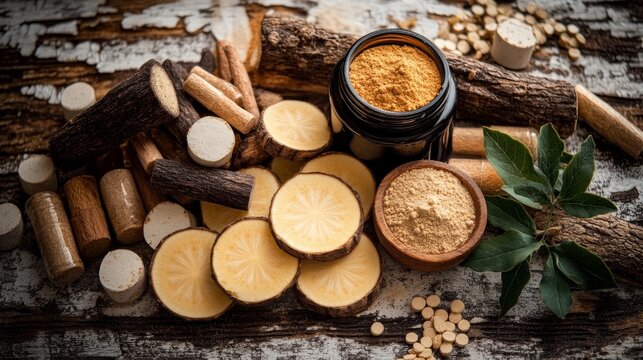 A minimalistic arrangement of licorice root slices, powdered licorice, and wooden elements on a rustic wooden surface