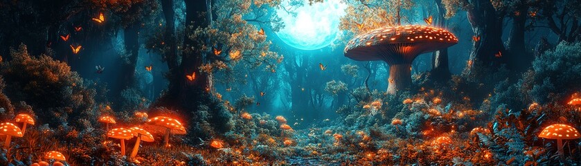 Magical nighttime forest adventure enchanted woods nature photography mystical atmosphere low angle view fantasy concept